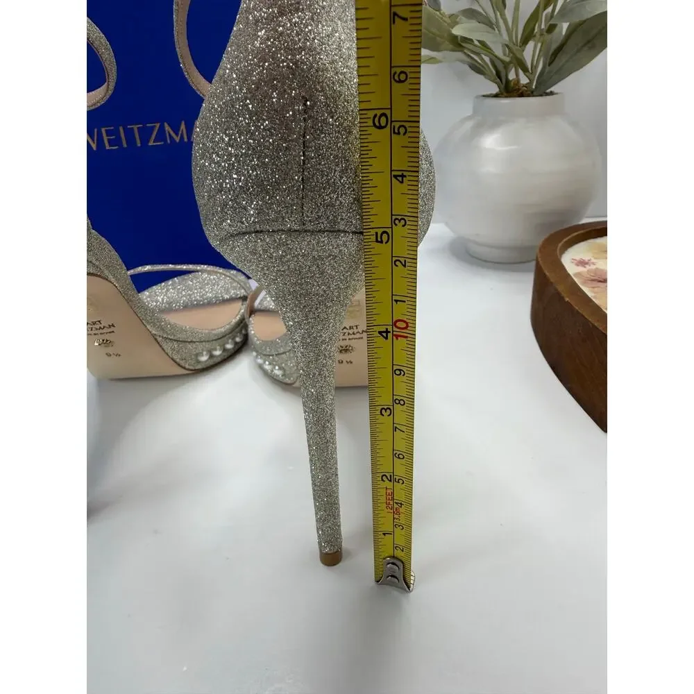 Stuart Weitzman Nudistdisco Pearl Sandal Fine Glitter Silver Women 9.5B